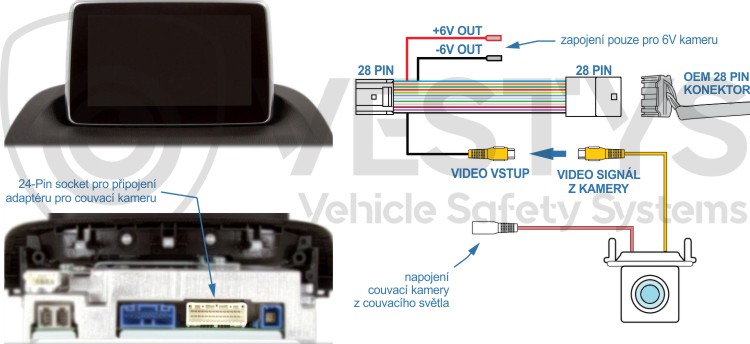 schéma zapojení couvací kamery na originál monitor Mazda